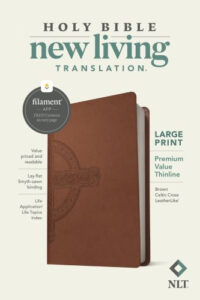 NLT Large Print Premium Value Thinline Bible, Filament-Enabled Edition - LeatherLike Brown Celtic Cross Imitation Leather